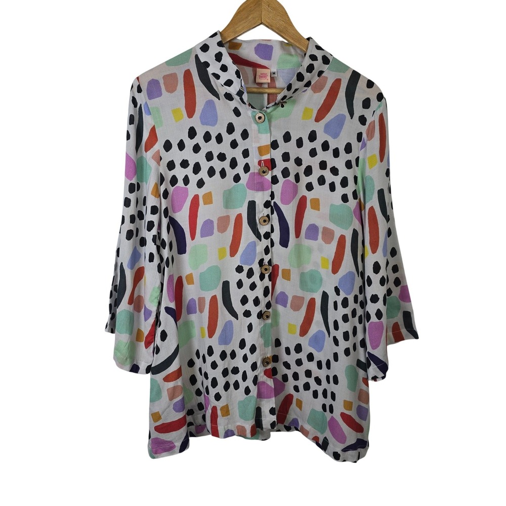 Womens Abstract Art Print Button Front Top Multicolor Rayon Size M Pockets